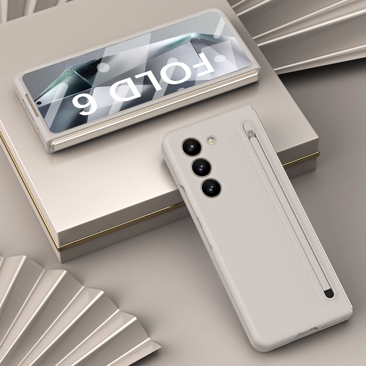 For Samsung Galaxy Z Fold6 5G Case Shockproof Phone Cover with Stylus / Tempered Glass Film - Light Grey+Grey Stylus