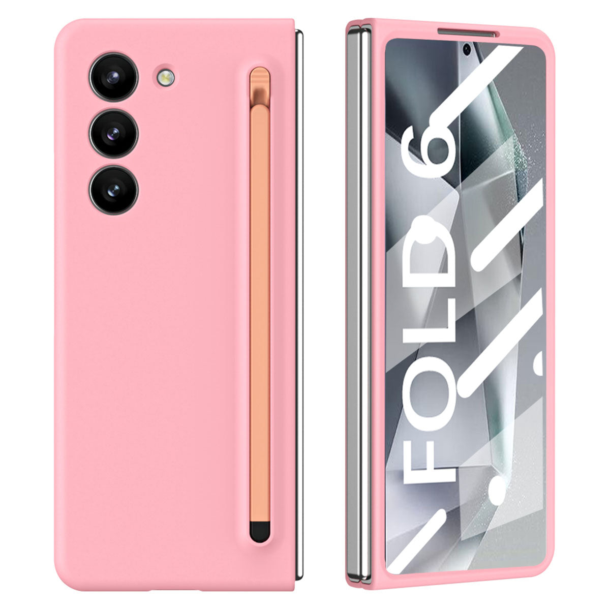 For Samsung Galaxy Z Fold6 5G Case PC Phone Cover with Stylus  /  Tempered Glass Film - Pink+Pink Stylus