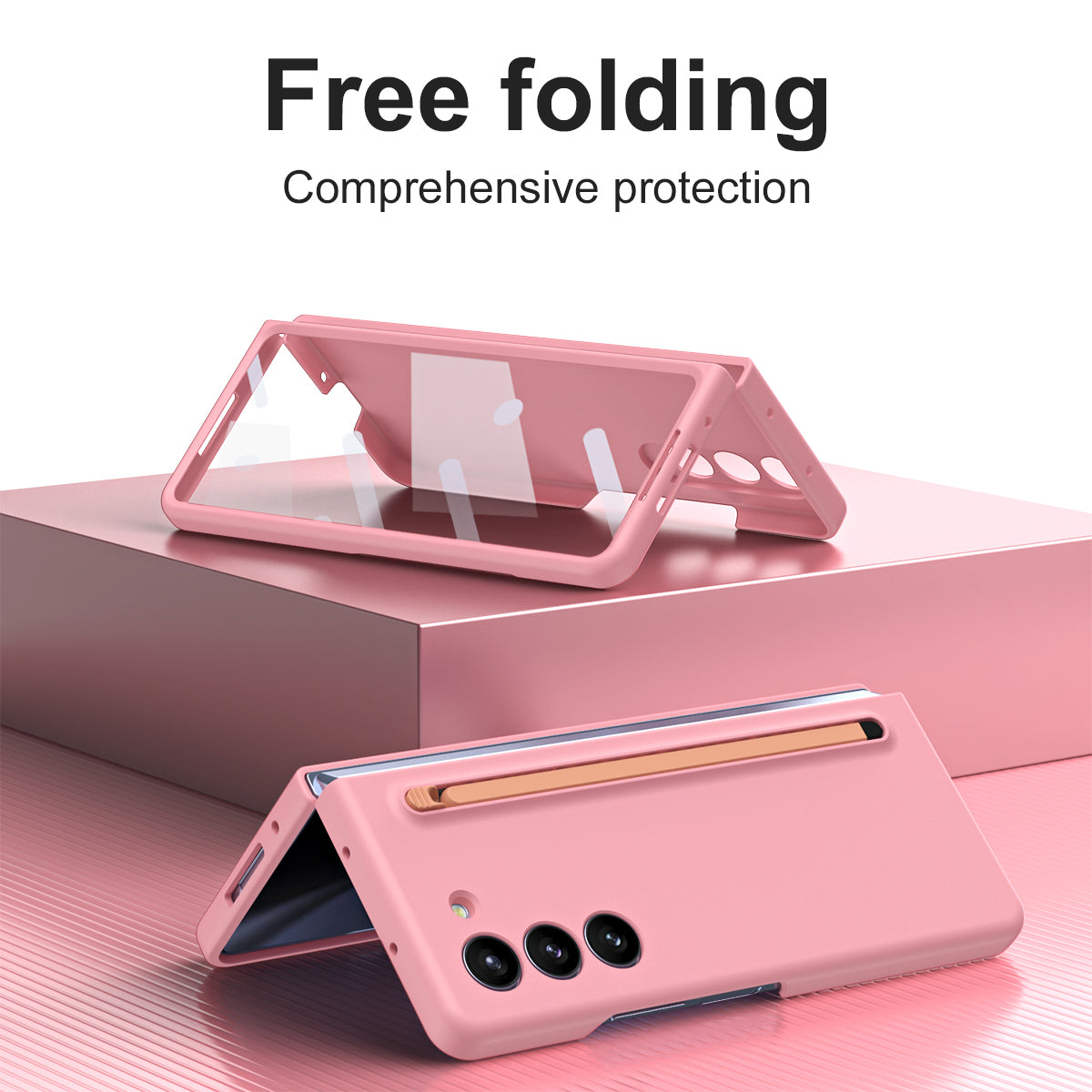 For Samsung Galaxy Z Fold6 5G Case PC Phone Cover with Stylus  /  Tempered Glass Film - Pink+Pink Stylus