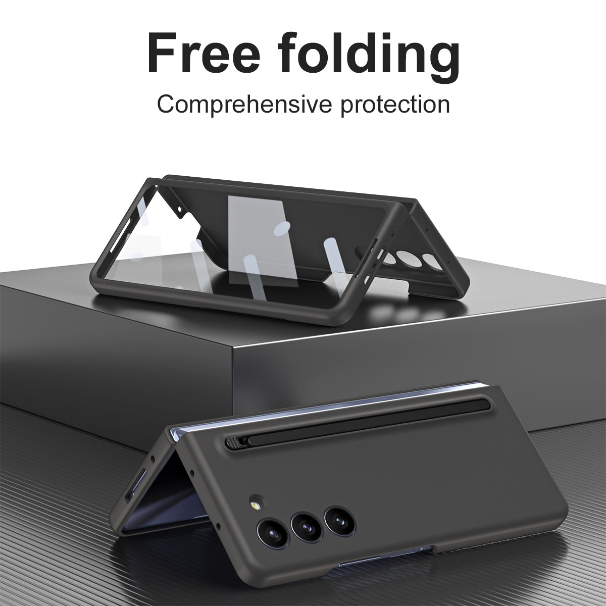 For Samsung Galaxy Z Fold6 5G Case PC Phone Cover with Stylus  /  Tempered Glass Film - Dark Grey+Black Stylus