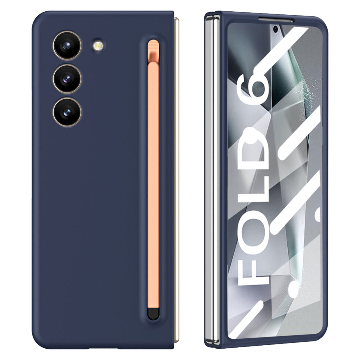 For Samsung Galaxy Z Fold6 5G Case PC Phone Cover with Stylus  /  Tempered Glass Film - Dark Blue+Pink Stylus