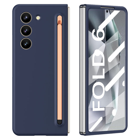 For Samsung Galaxy Z Fold6 5G Case PC Phone Cover with Stylus  /  Tempered Glass Film - Dark Blue+Pink Stylus