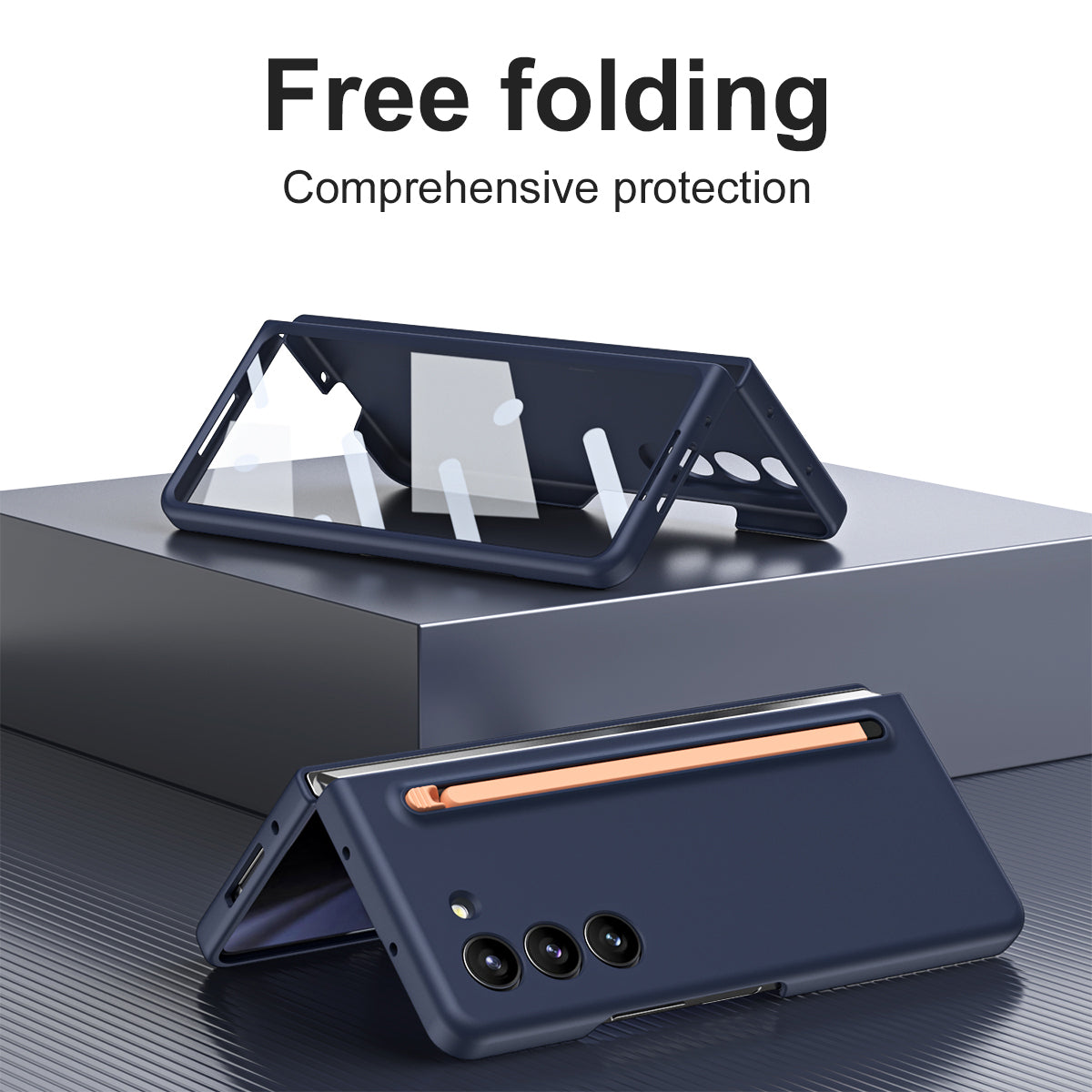 For Samsung Galaxy Z Fold6 5G Case PC Phone Cover with Stylus  /  Tempered Glass Film - Dark Blue+Pink Stylus