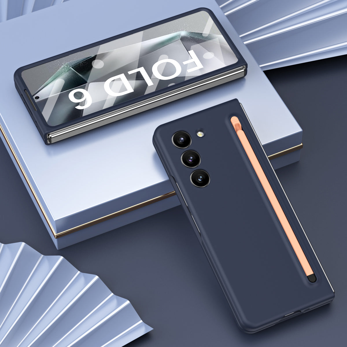 For Samsung Galaxy Z Fold6 5G Case PC Phone Cover with Stylus  /  Tempered Glass Film - Dark Blue+Pink Stylus