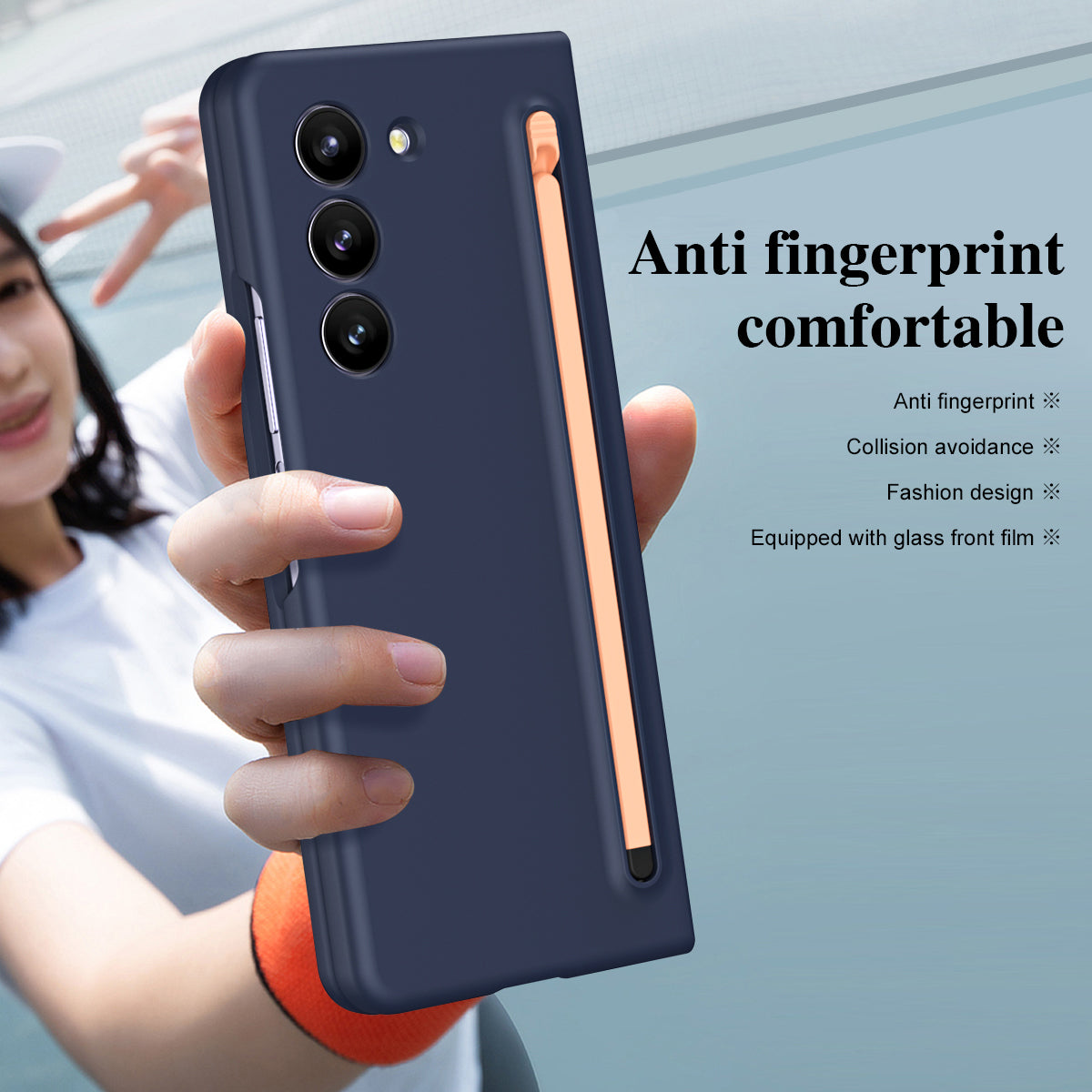 For Samsung Galaxy Z Fold6 5G Case PC Phone Cover with Stylus  /  Tempered Glass Film - Dark Blue+Pink Stylus