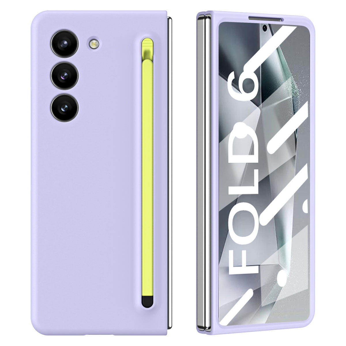 For Samsung Galaxy Z Fold6 5G Case PC Phone Cover with Stylus  /  Tempered Glass Film - Purple+Green Stylus