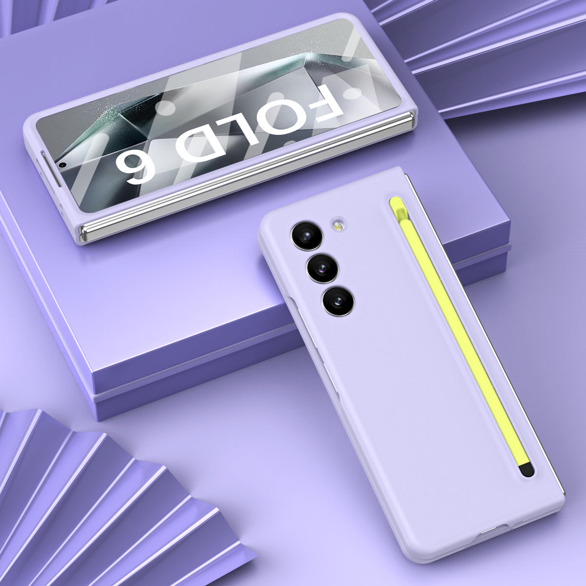 For Samsung Galaxy Z Fold6 5G Case PC Phone Cover with Stylus  /  Tempered Glass Film - Purple+Green Stylus