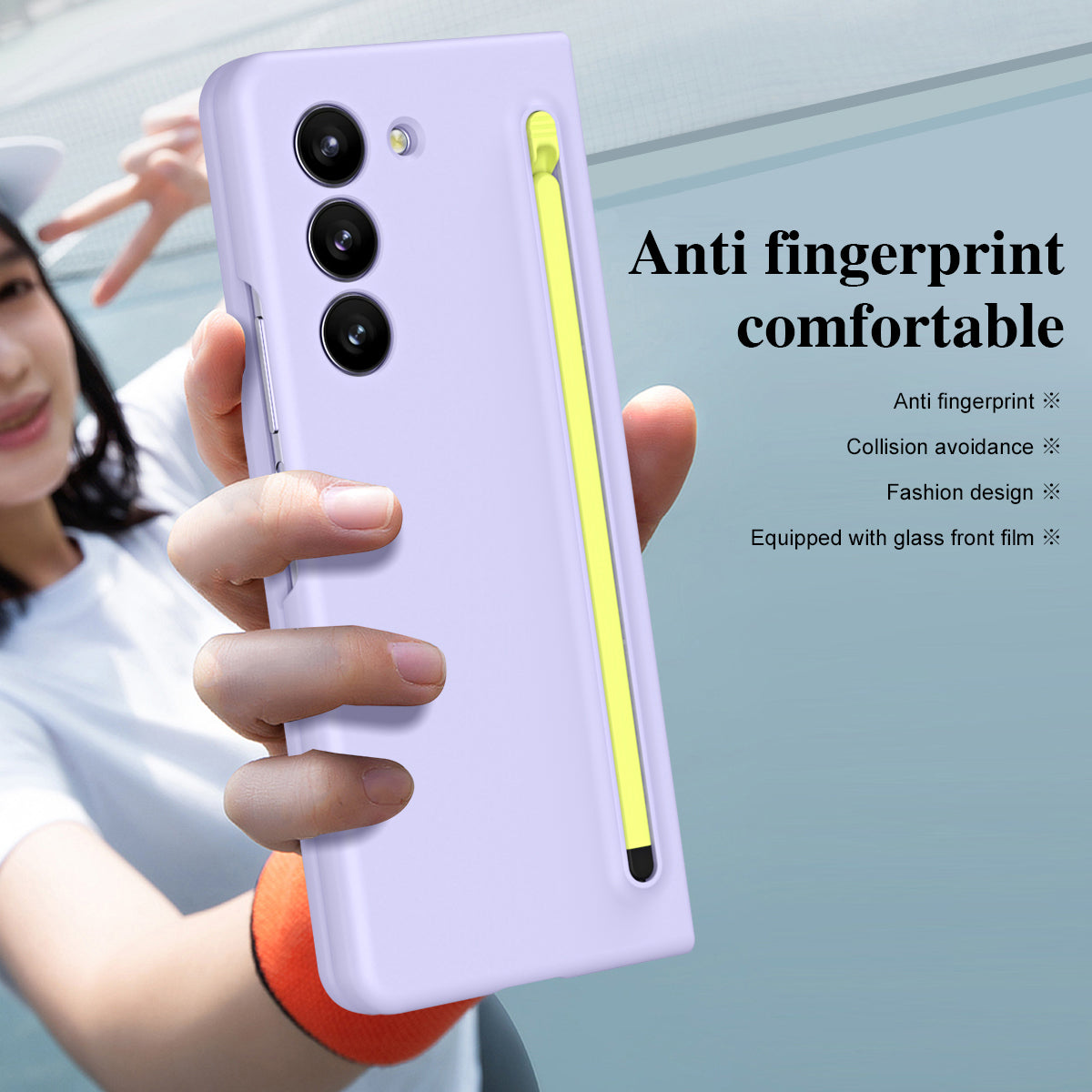 For Samsung Galaxy Z Fold6 5G Case PC Phone Cover with Stylus  /  Tempered Glass Film - Purple+Green Stylus