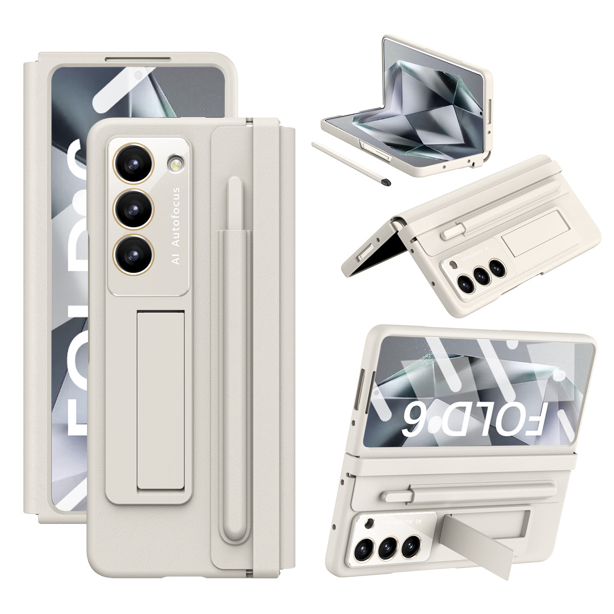 For Samsung Galaxy Z Fold6 5G Case Hinge Protection Leather Back Cover with Front Screen Film / Stylus - Milk White