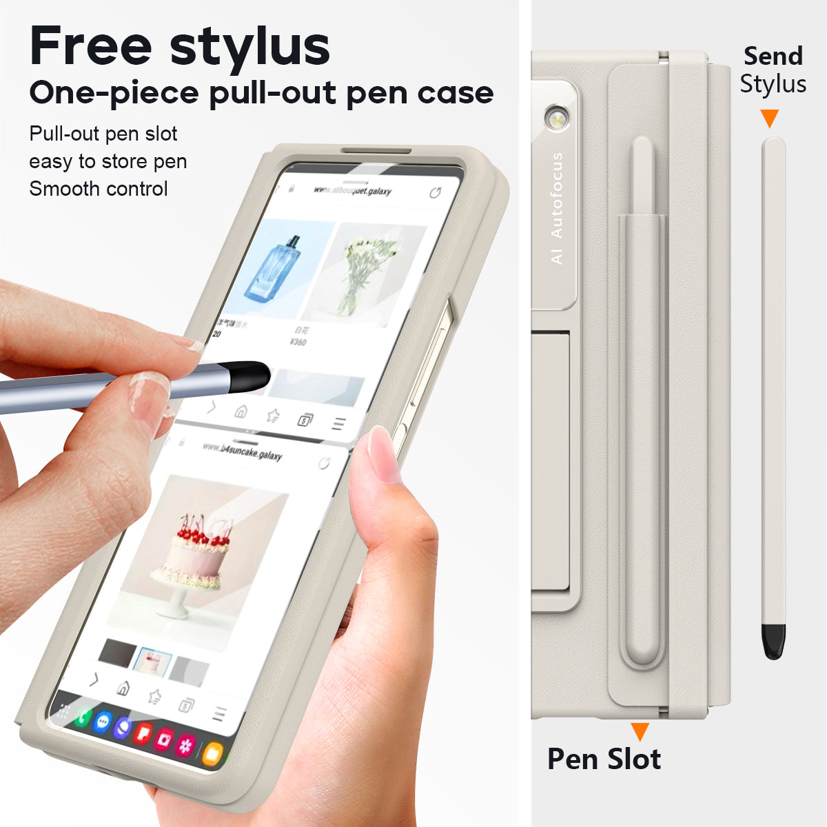 For Samsung Galaxy Z Fold6 5G Case Hinge Protection Leather Back Cover with Front Screen Film / Stylus - Milk White