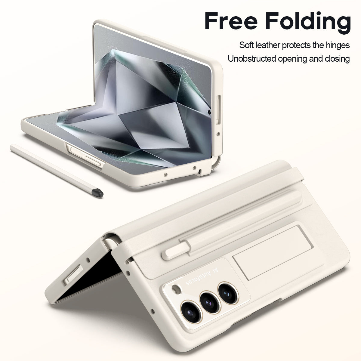 For Samsung Galaxy Z Fold6 5G Case Hinge Protection Leather Back Cover with Front Screen Film / Stylus - Milk White