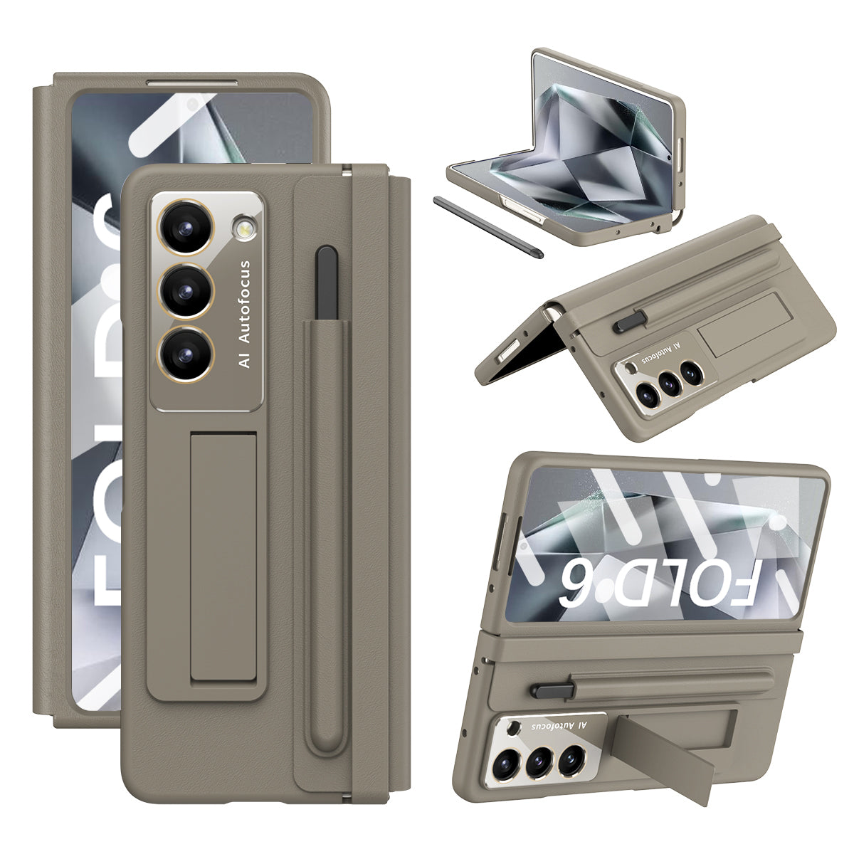 For Samsung Galaxy Z Fold6 5G Case Hinge Protection Leather Back Cover with Front Screen Film / Stylus - Light Coffee