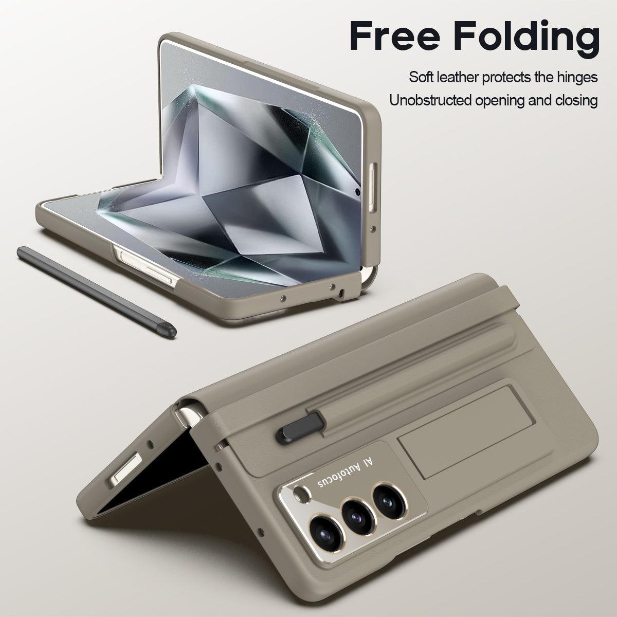 For Samsung Galaxy Z Fold6 5G Case Hinge Protection Leather Back Cover with Front Screen Film / Stylus - Light Coffee