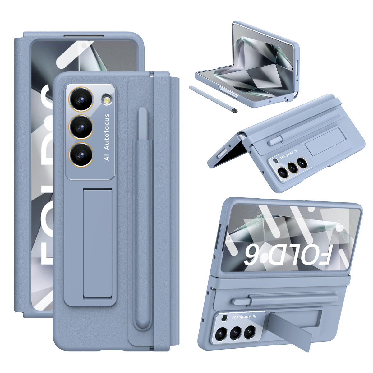 For Samsung Galaxy Z Fold6 5G Case Hinge Protection Leather Back Cover with Front Screen Film / Stylus - Baby Blue