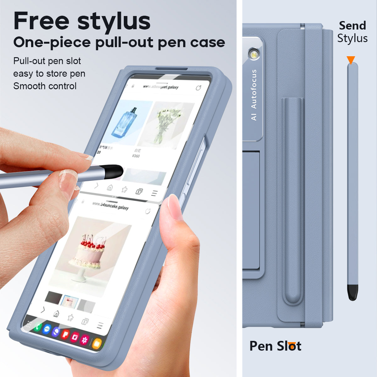 For Samsung Galaxy Z Fold6 5G Case Hinge Protection Leather Back Cover with Front Screen Film / Stylus - Baby Blue