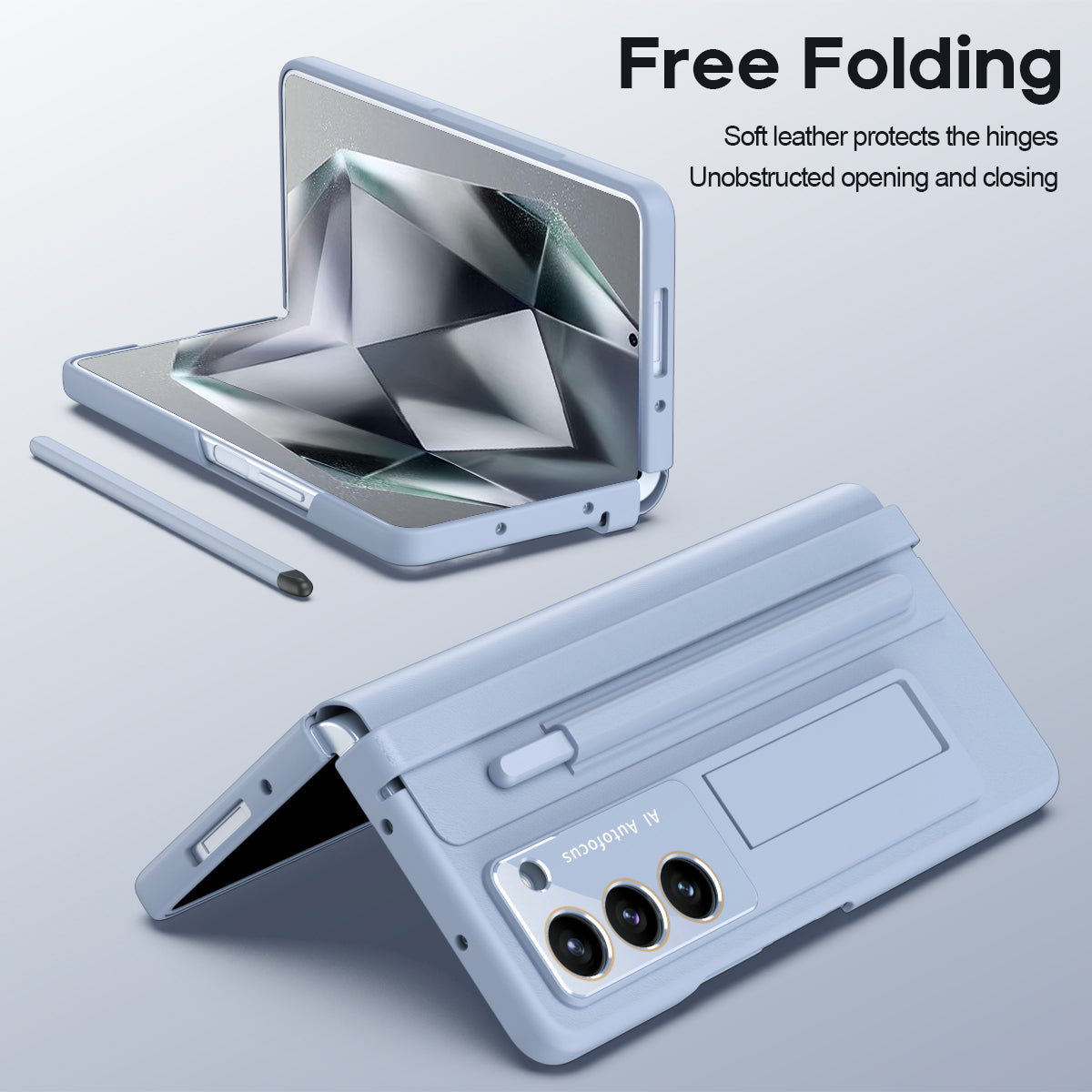 For Samsung Galaxy Z Fold6 5G Case Hinge Protection Leather Back Cover with Front Screen Film / Stylus - Baby Blue