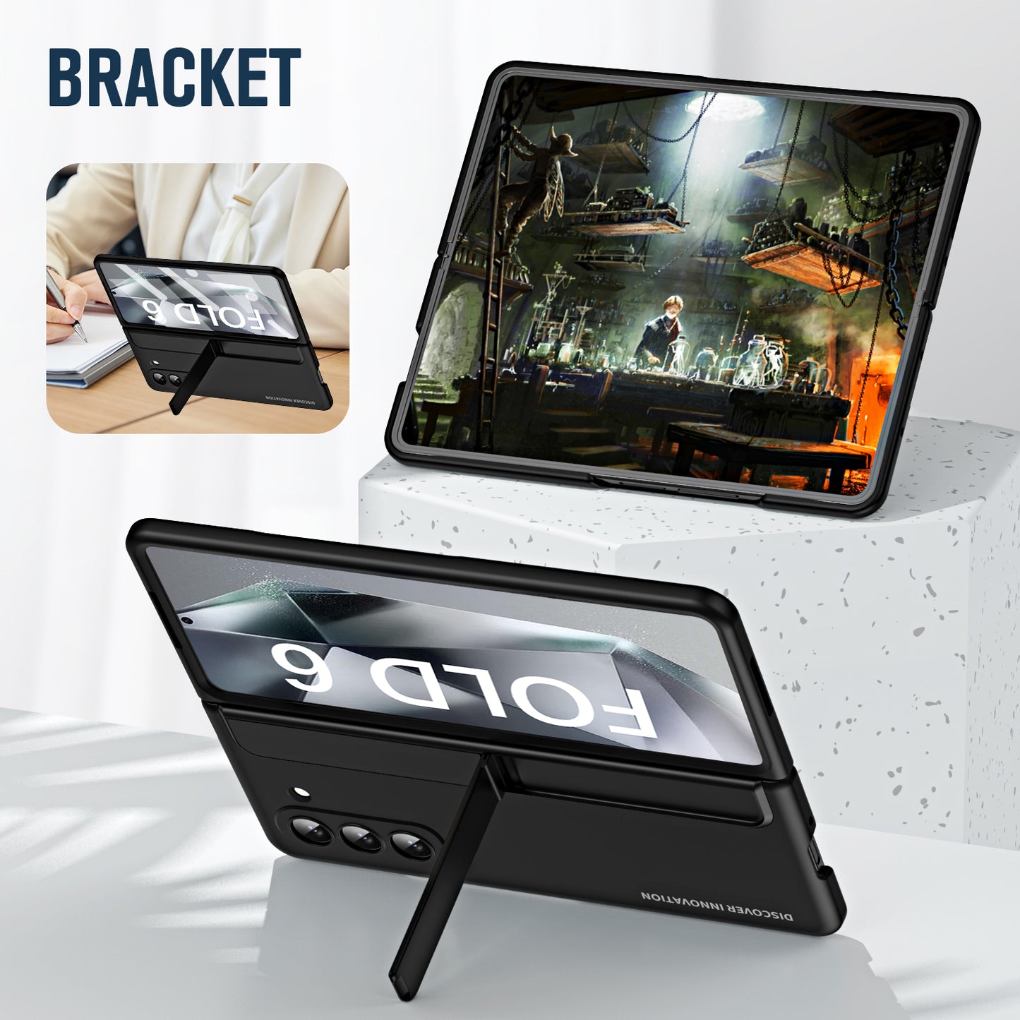 For Samsung Galaxy Z Fold6 5G Case Hidden Kickstand Hard PC Phone Cover with Screen Film / Stylus - Black