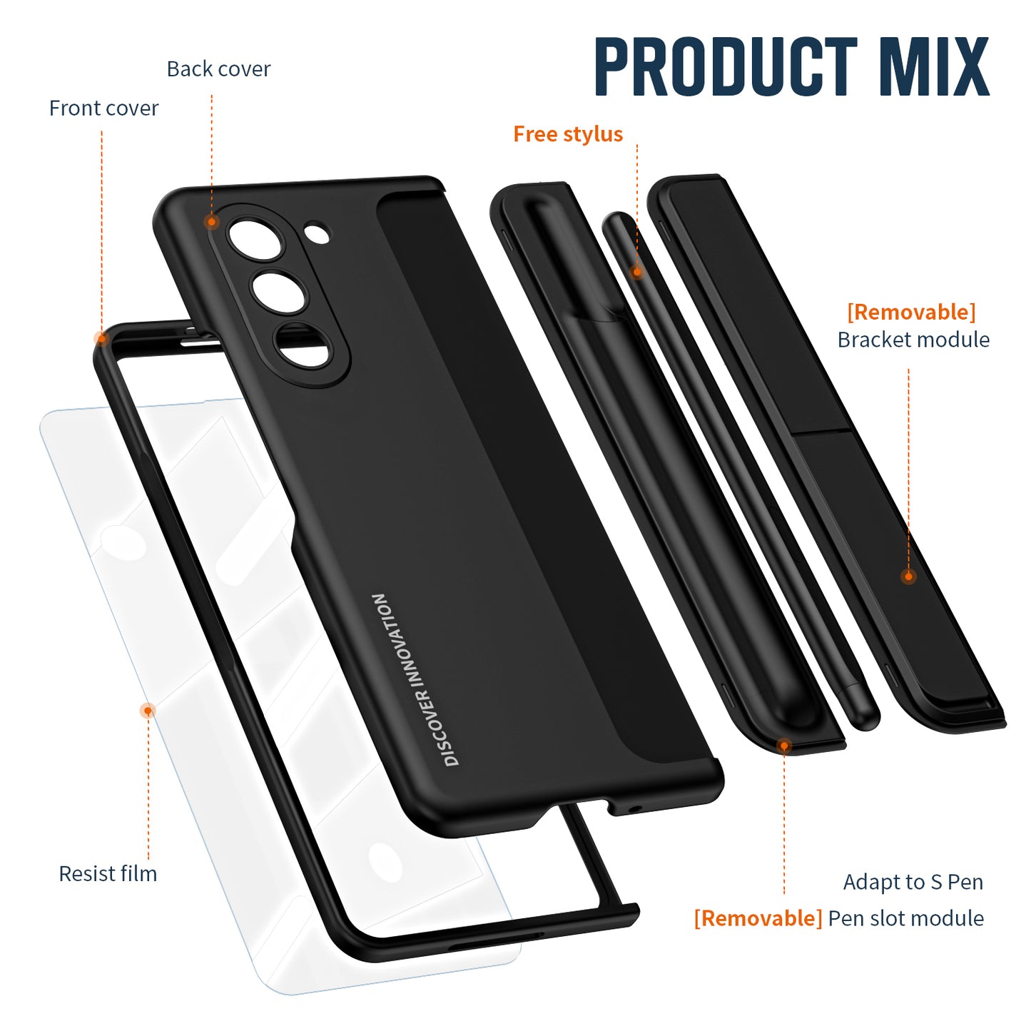 For Samsung Galaxy Z Fold6 5G Case Hidden Kickstand Hard PC Phone Cover with Screen Film / Stylus - Black