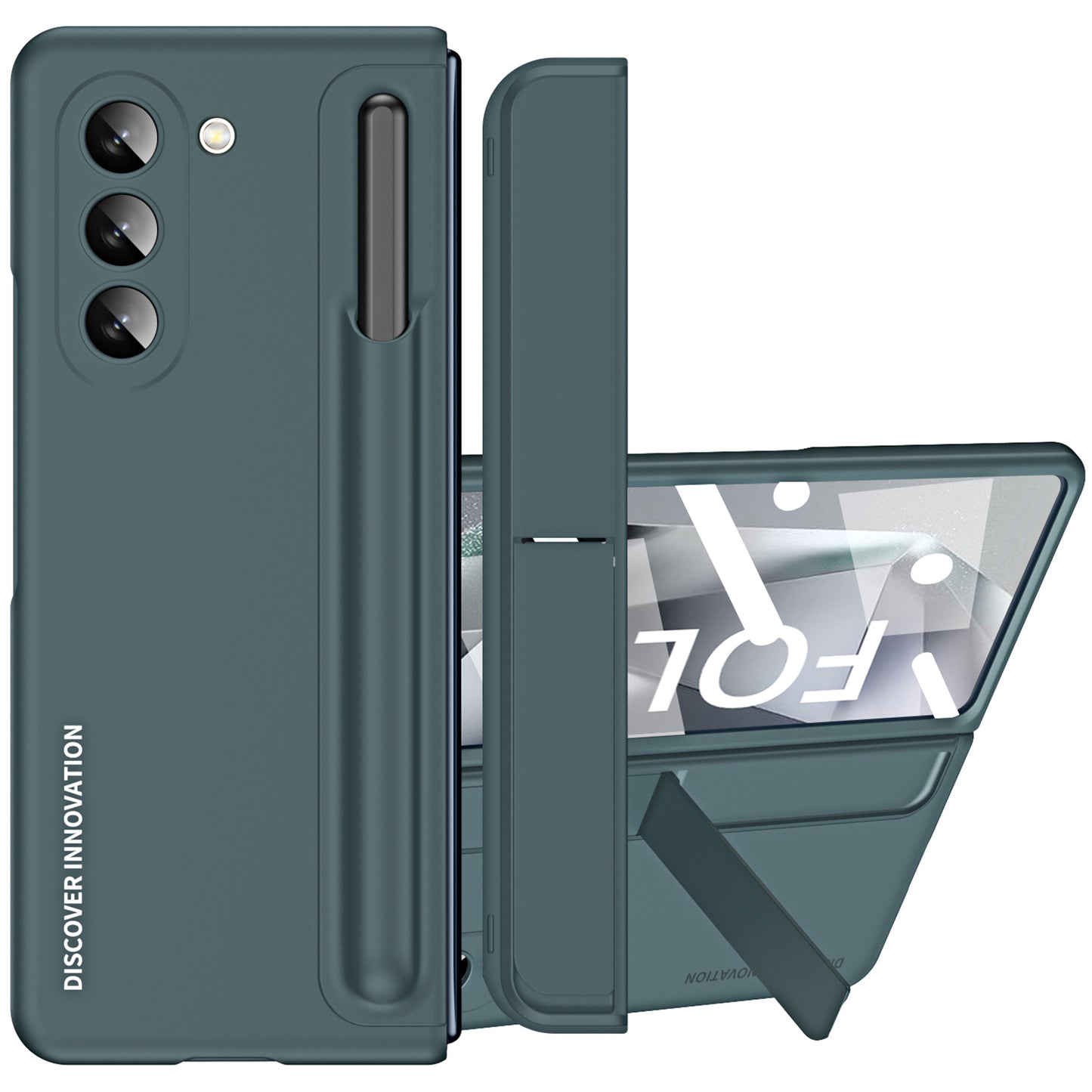 For Samsung Galaxy Z Fold6 5G Case Hidden Kickstand Hard PC Phone Cover with Screen Film / Stylus - Green