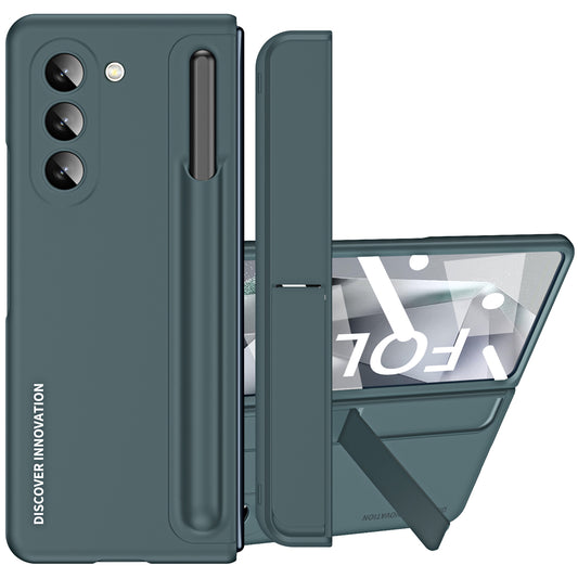For Samsung Galaxy Z Fold6 5G Case Hidden Kickstand Hard PC Phone Cover with Screen Film / Stylus - Green