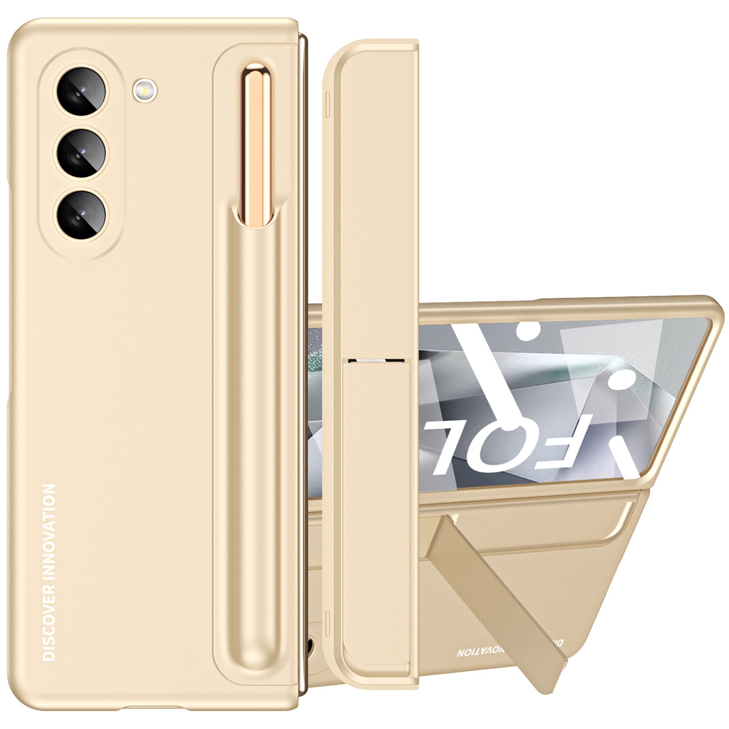 For Samsung Galaxy Z Fold6 5G Case Hidden Kickstand Hard PC Phone Cover with Screen Film / Stylus - Gold