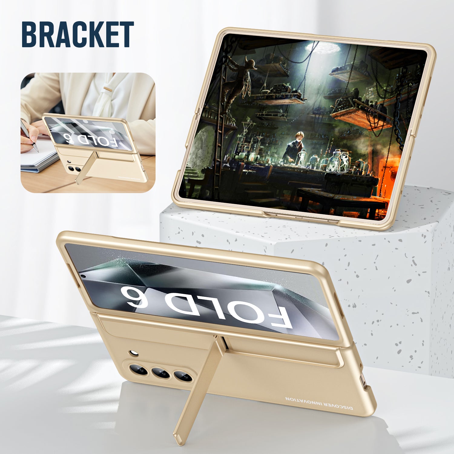 For Samsung Galaxy Z Fold6 5G Case Hidden Kickstand Hard PC Phone Cover with Screen Film / Stylus - Gold