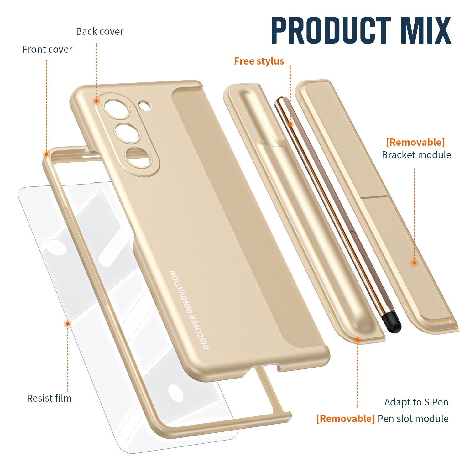 For Samsung Galaxy Z Fold6 5G Case Hidden Kickstand Hard PC Phone Cover with Screen Film / Stylus - Gold