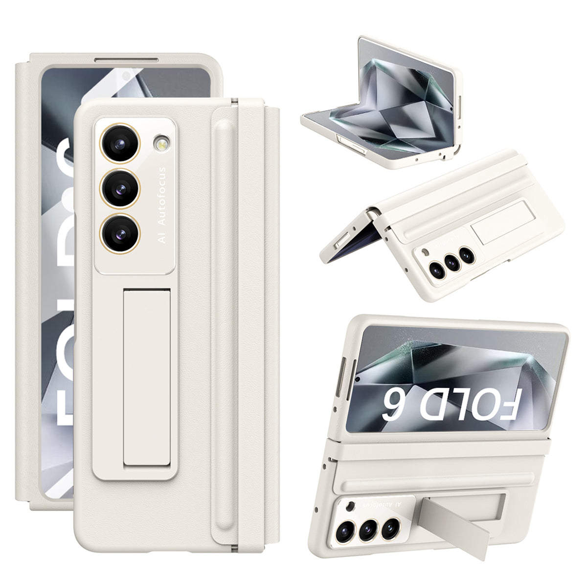 For Samsung Galaxy Z Fold6 5G Case Hinge Leather+PC Kickstand Phone Cover with Tempered Glass Film - Beige