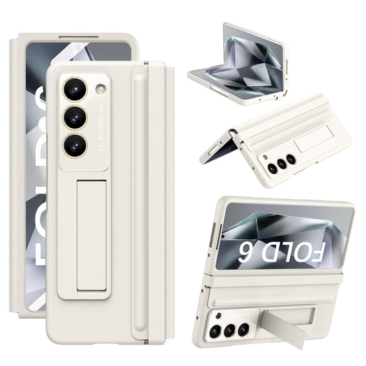 For Samsung Galaxy Z Fold6 5G Case Hinge Leather+PC Kickstand Phone Cover with Tempered Glass Film - Beige