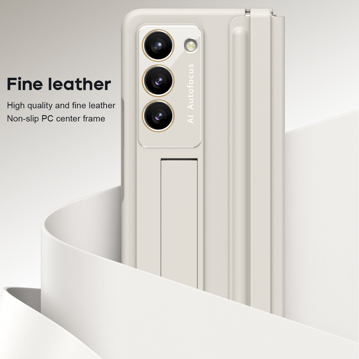 For Samsung Galaxy Z Fold6 5G Case Hinge Leather+PC Kickstand Phone Cover with Tempered Glass Film - Beige