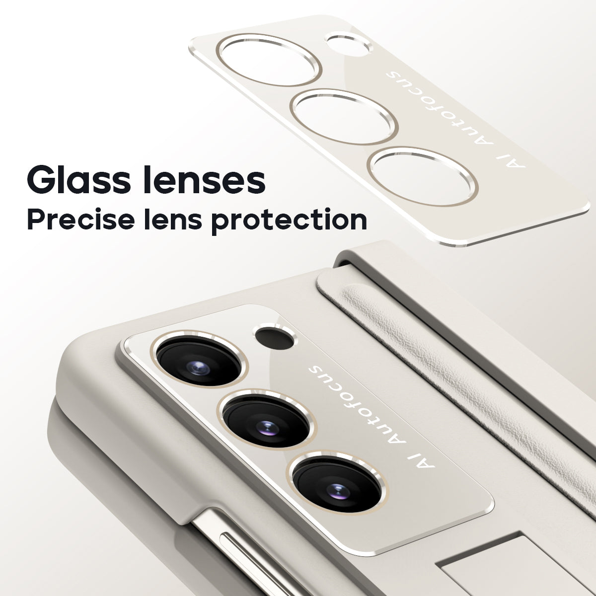 For Samsung Galaxy Z Fold6 5G Case Hinge Leather+PC Kickstand Phone Cover with Tempered Glass Film - Beige