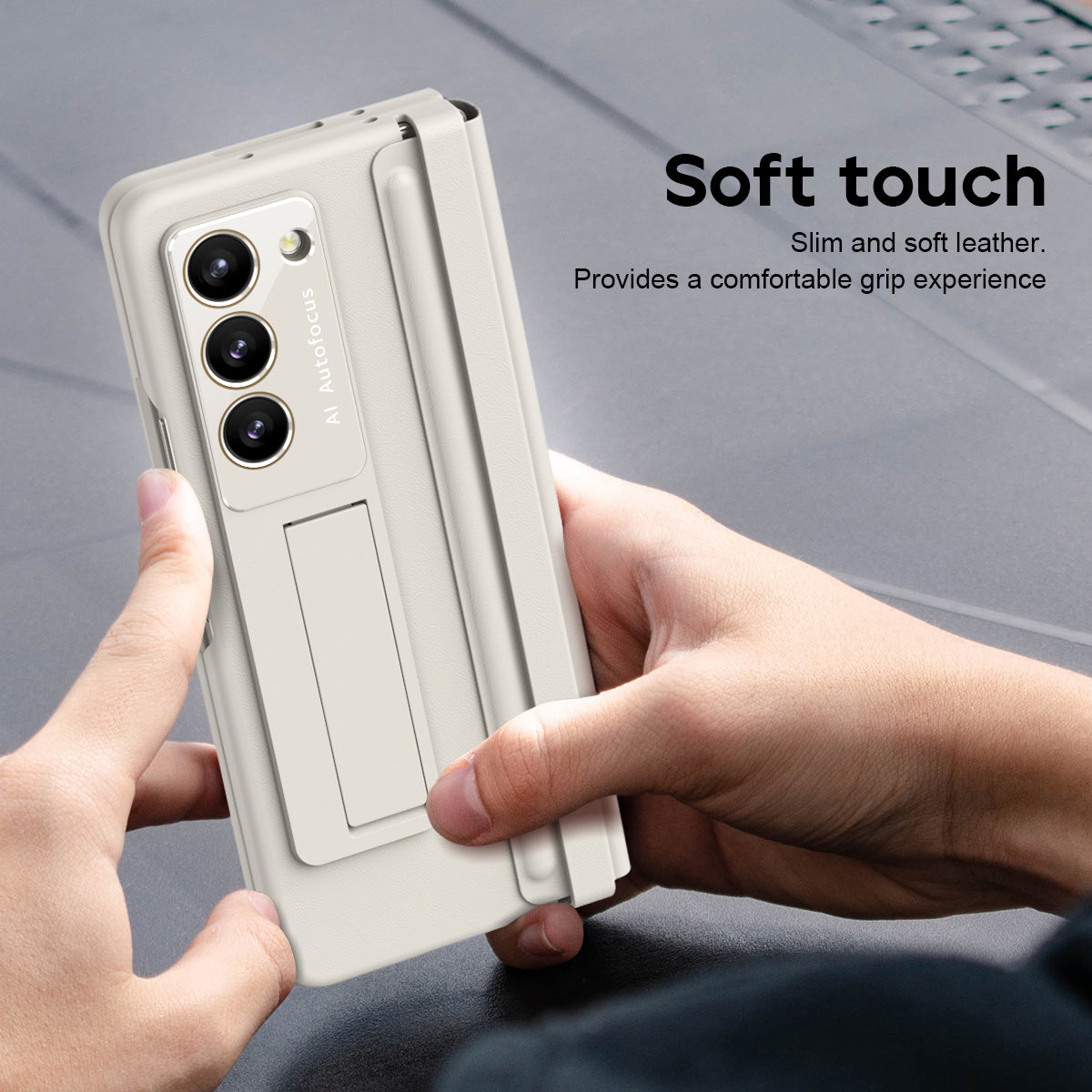 For Samsung Galaxy Z Fold6 5G Case Hinge Leather+PC Kickstand Phone Cover with Tempered Glass Film - Beige
