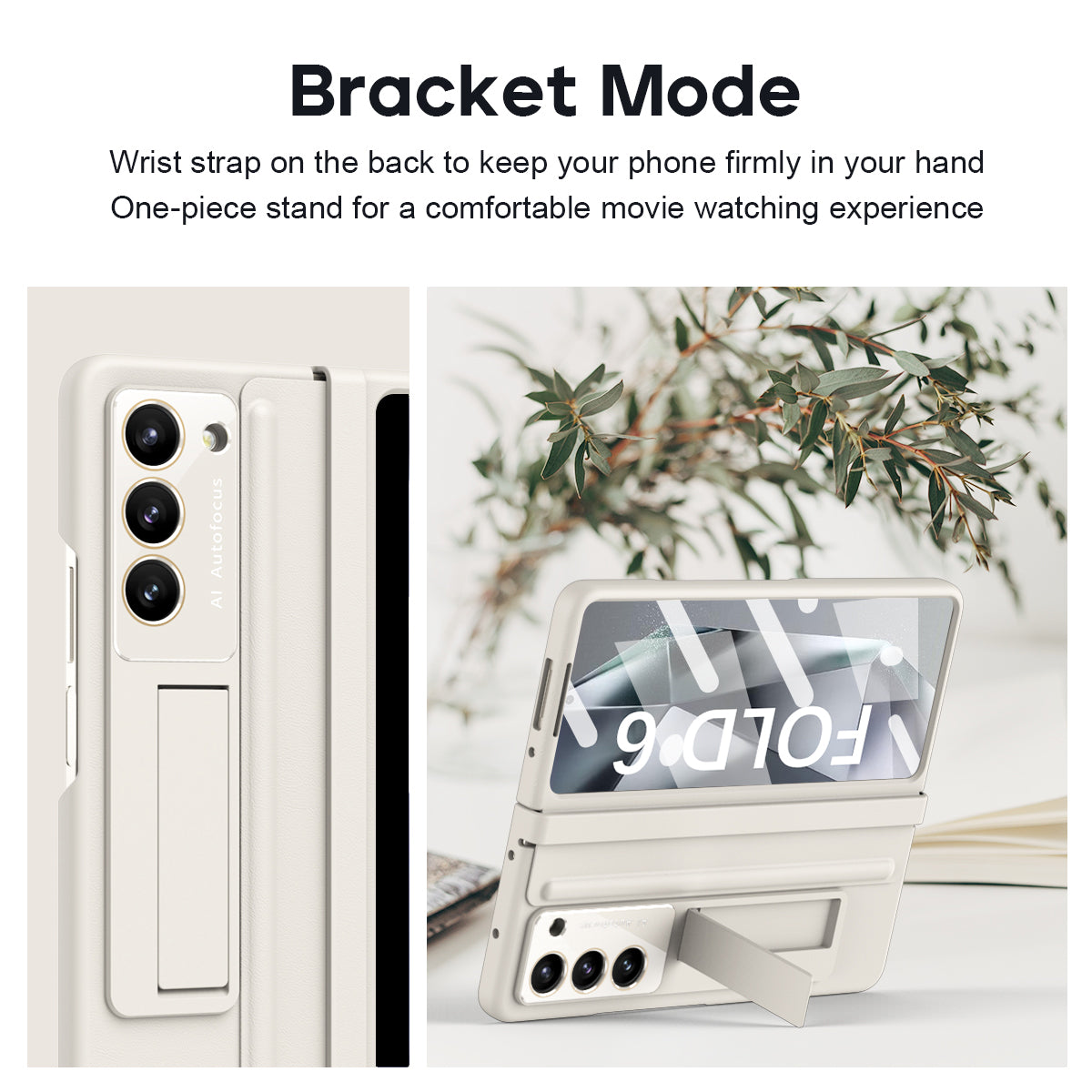 For Samsung Galaxy Z Fold6 5G Case Hinge Leather+PC Kickstand Phone Cover with Tempered Glass Film - Beige