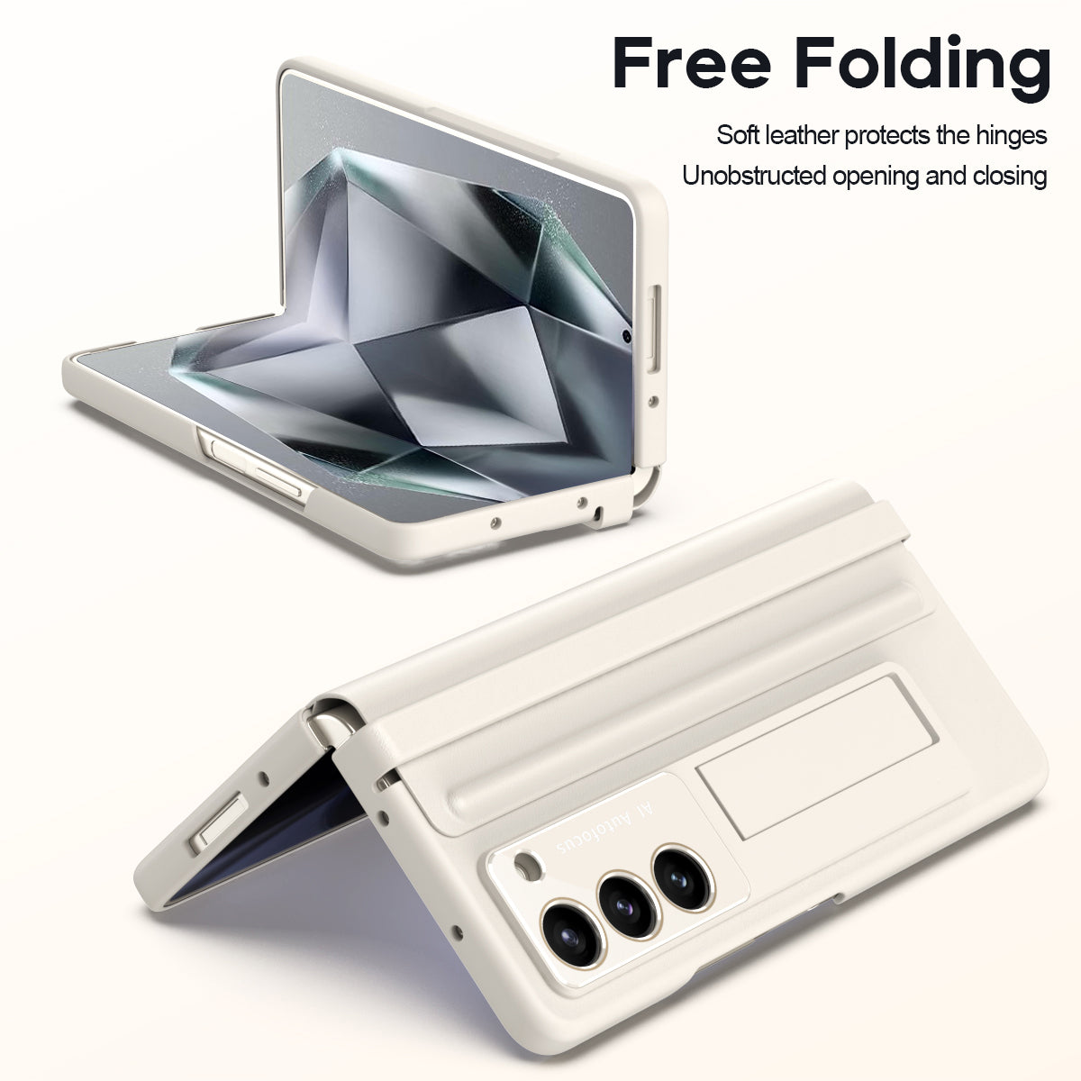 For Samsung Galaxy Z Fold6 5G Case Hinge Leather+PC Kickstand Phone Cover with Tempered Glass Film - Beige