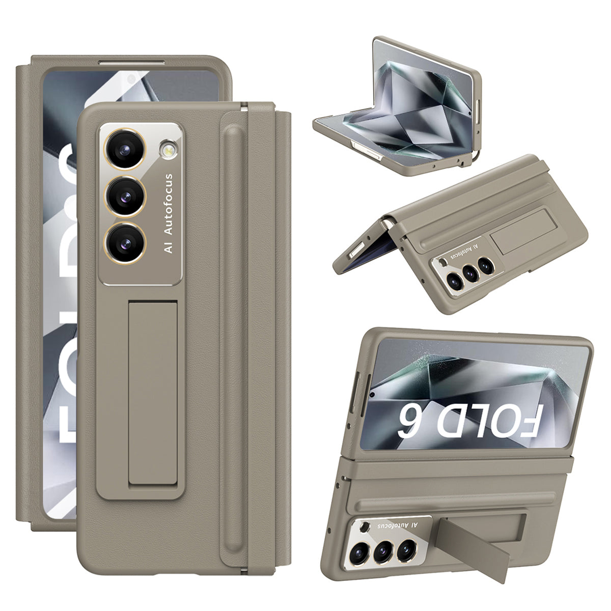 For Samsung Galaxy Z Fold6 5G Case Hinge Leather+PC Kickstand Phone Cover with Tempered Glass Film - Light Coffee