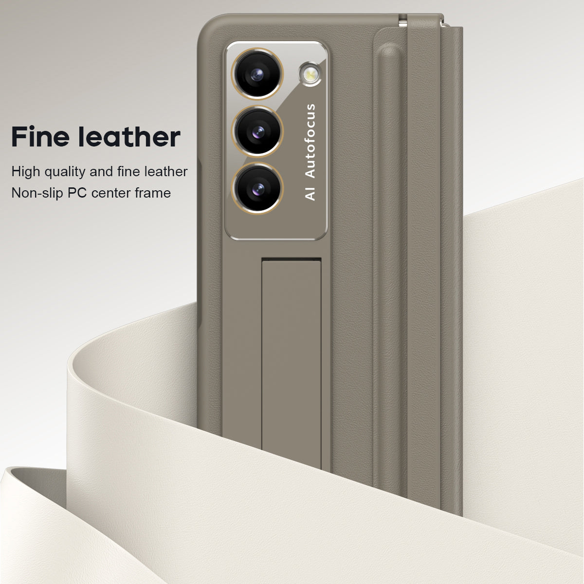 For Samsung Galaxy Z Fold6 5G Case Hinge Leather+PC Kickstand Phone Cover with Tempered Glass Film - Light Coffee