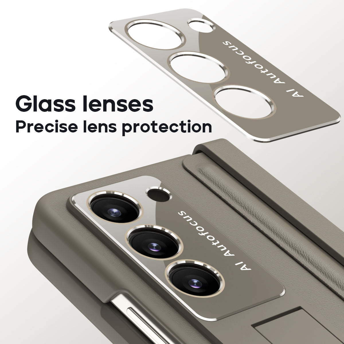 For Samsung Galaxy Z Fold6 5G Case Hinge Leather+PC Kickstand Phone Cover with Tempered Glass Film - Light Coffee