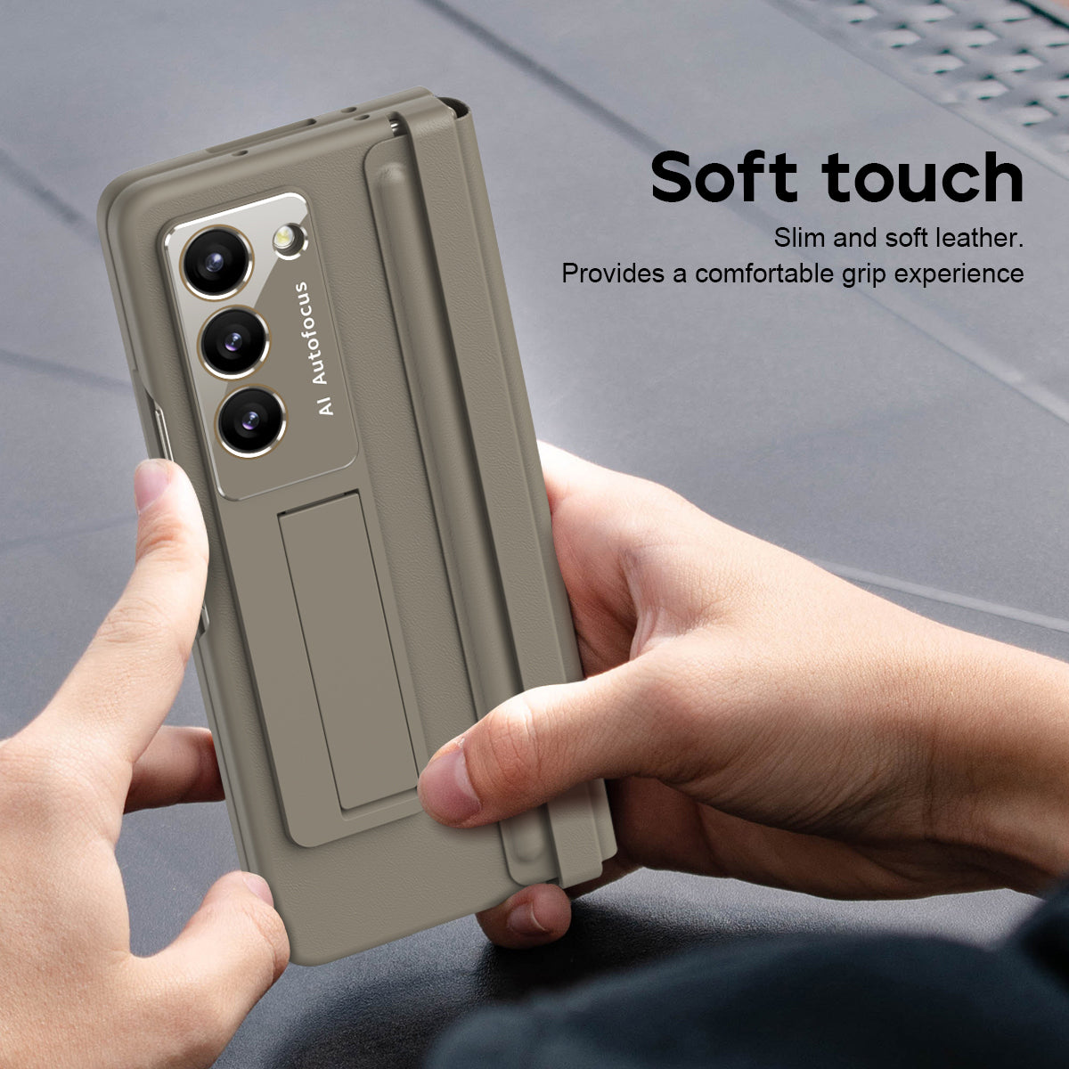 For Samsung Galaxy Z Fold6 5G Case Hinge Leather+PC Kickstand Phone Cover with Tempered Glass Film - Light Coffee