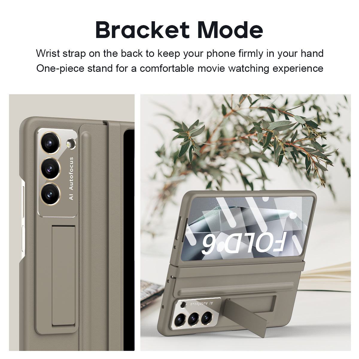 For Samsung Galaxy Z Fold6 5G Case Hinge Leather+PC Kickstand Phone Cover with Tempered Glass Film - Light Coffee