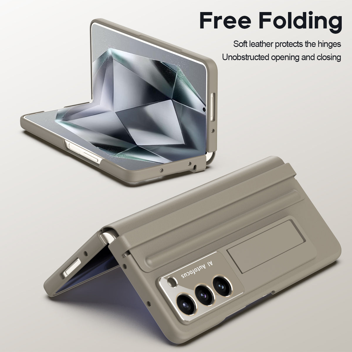 For Samsung Galaxy Z Fold6 5G Case Hinge Leather+PC Kickstand Phone Cover with Tempered Glass Film - Light Coffee
