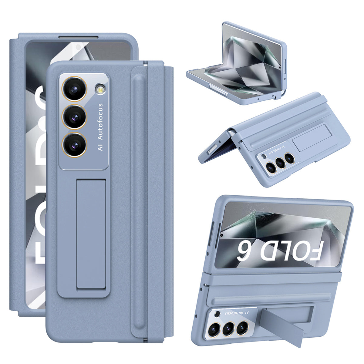 For Samsung Galaxy Z Fold6 5G Case Hinge Leather+PC Kickstand Phone Cover with Tempered Glass Film - Baby Blue