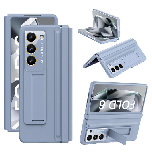 For Samsung Galaxy Z Fold6 5G Case Hinge Leather+PC Kickstand Phone Cover with Tempered Glass Film - Baby Blue