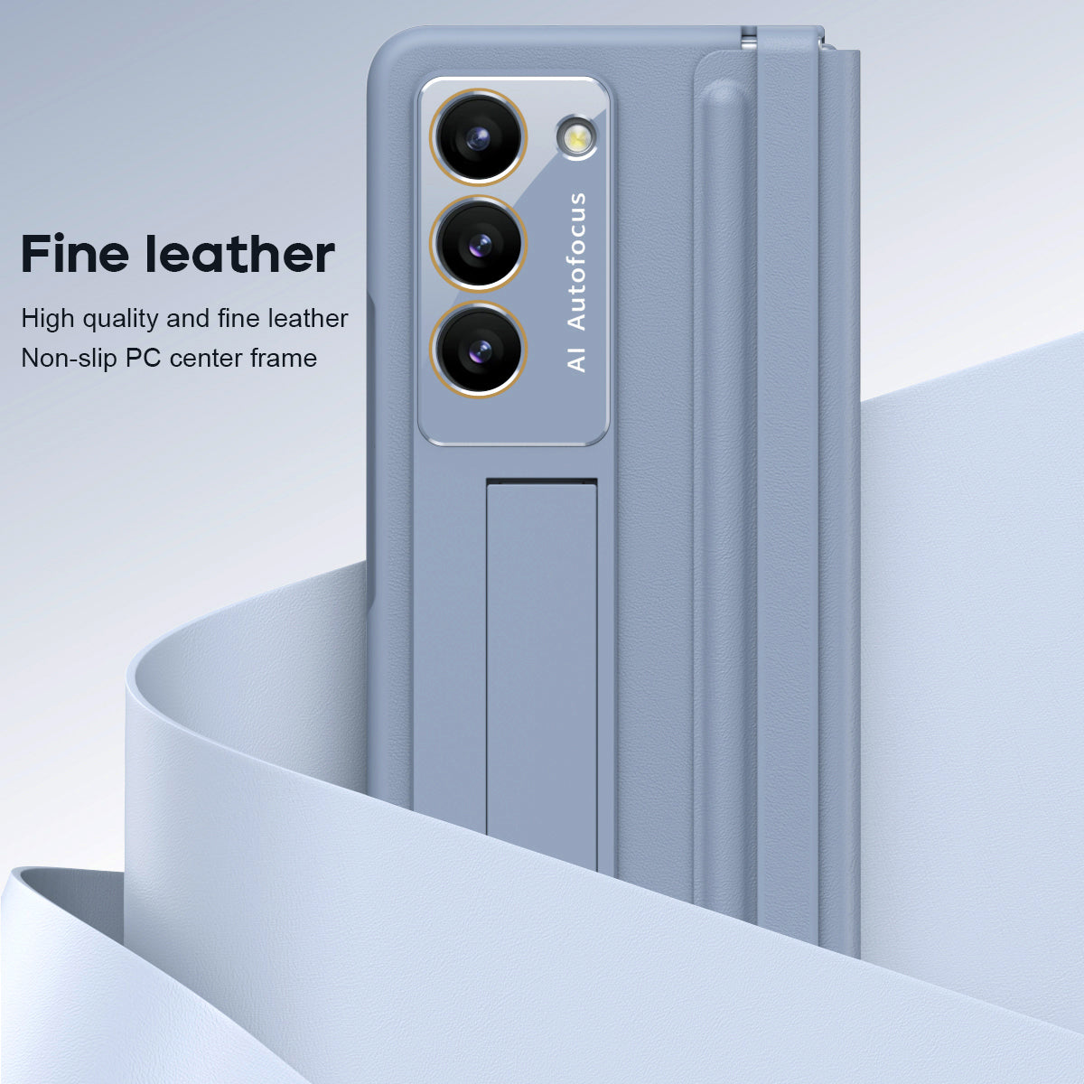 For Samsung Galaxy Z Fold6 5G Case Hinge Leather+PC Kickstand Phone Cover with Tempered Glass Film - Baby Blue