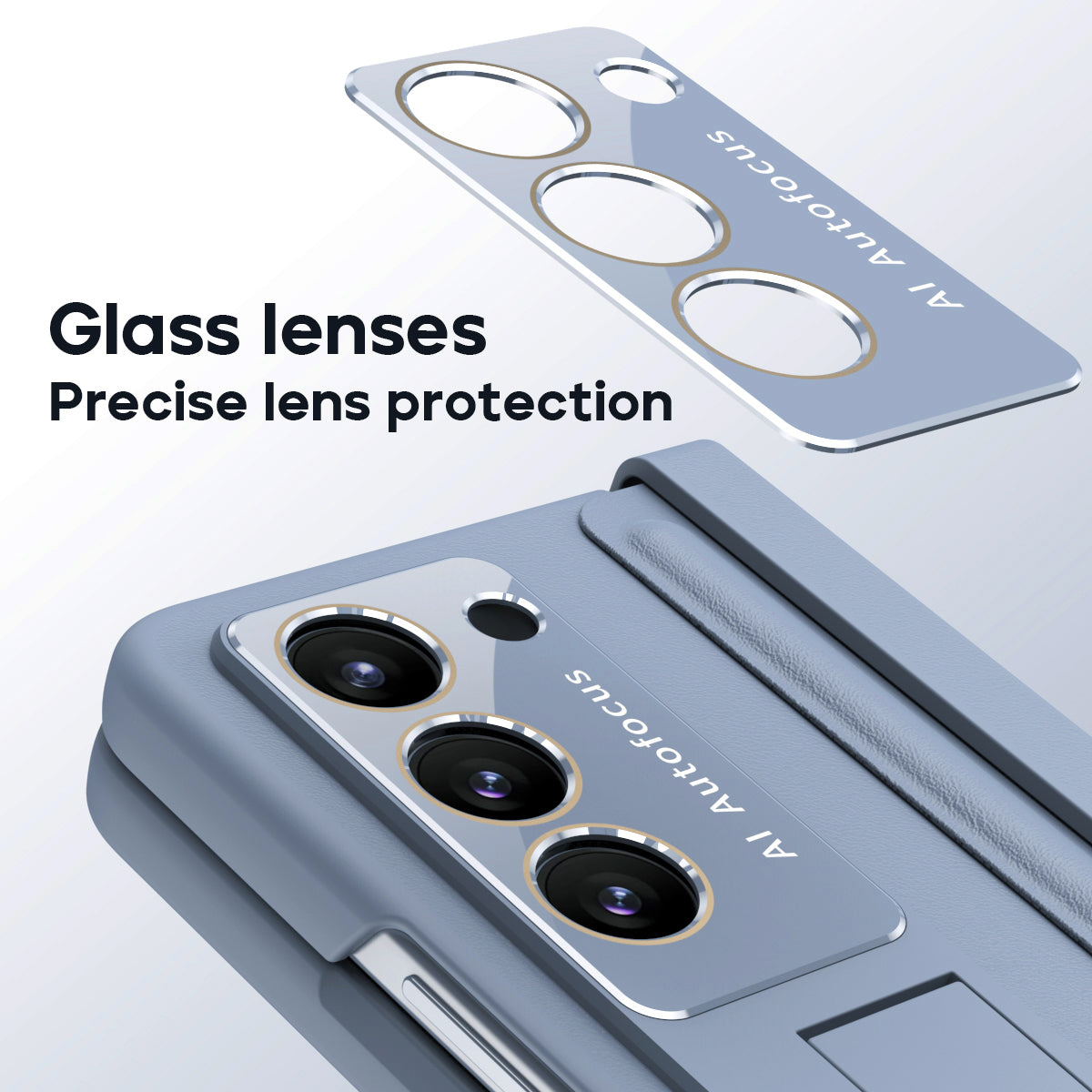 For Samsung Galaxy Z Fold6 5G Case Hinge Leather+PC Kickstand Phone Cover with Tempered Glass Film - Baby Blue