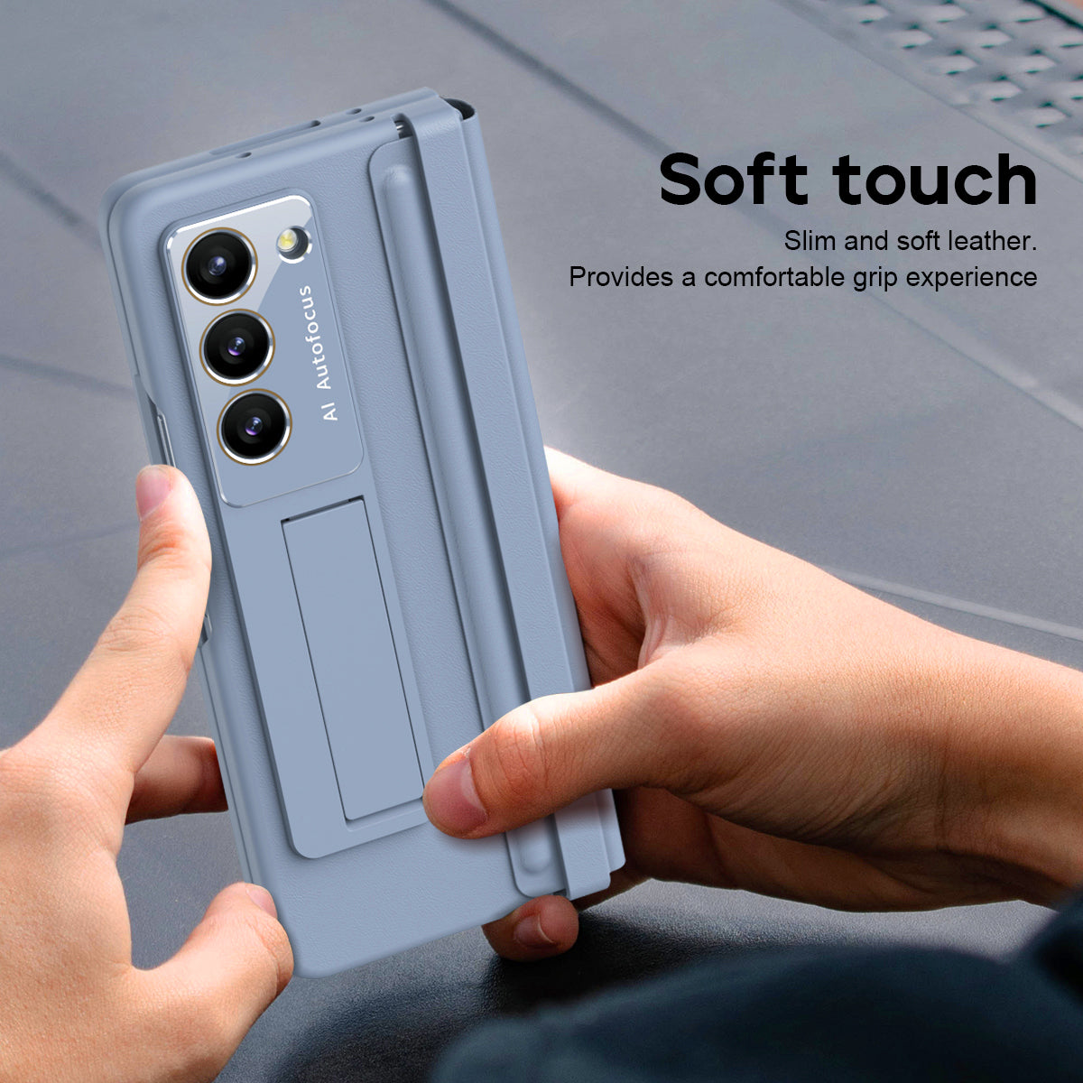 For Samsung Galaxy Z Fold6 5G Case Hinge Leather+PC Kickstand Phone Cover with Tempered Glass Film - Baby Blue