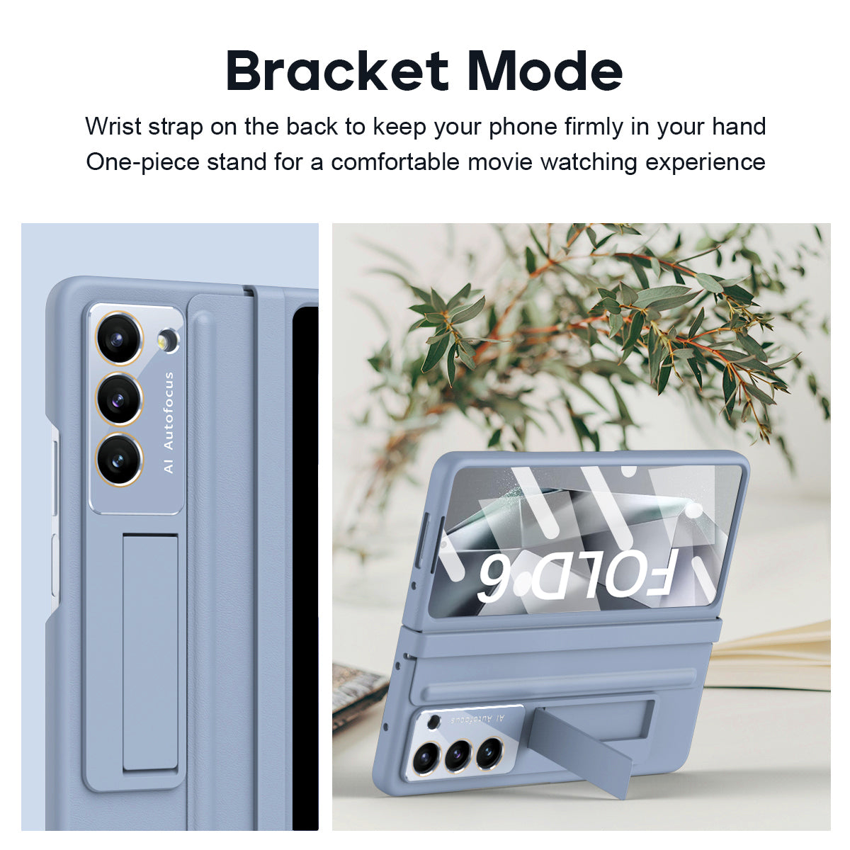 For Samsung Galaxy Z Fold6 5G Case Hinge Leather+PC Kickstand Phone Cover with Tempered Glass Film - Baby Blue