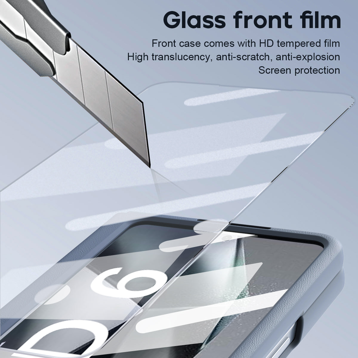 For Samsung Galaxy Z Fold6 5G Case Hinge Leather+PC Kickstand Phone Cover with Tempered Glass Film - Baby Blue
