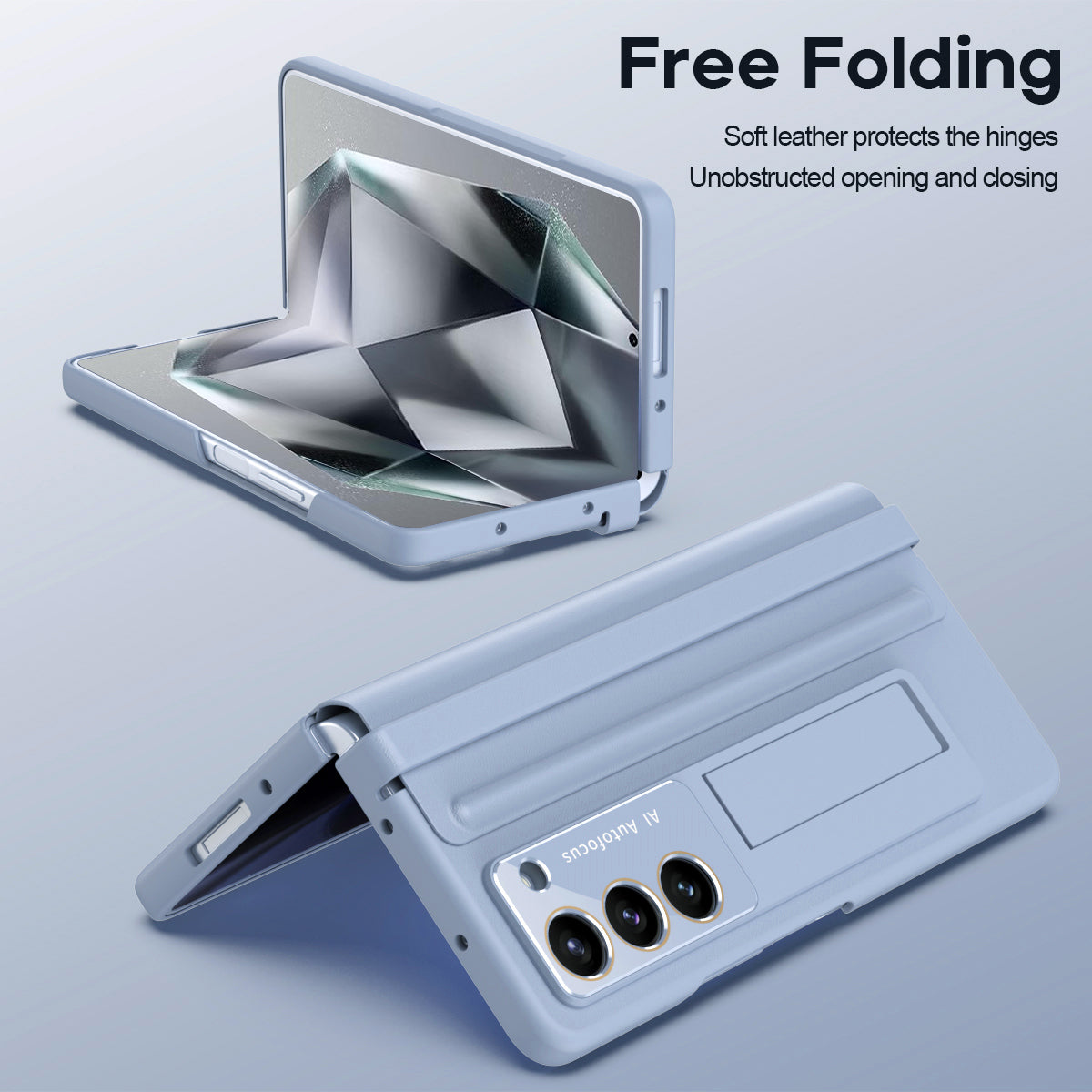 For Samsung Galaxy Z Fold6 5G Case Hinge Leather+PC Kickstand Phone Cover with Tempered Glass Film - Baby Blue