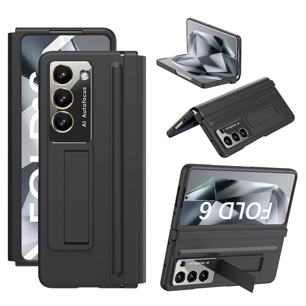 For Samsung Galaxy Z Fold6 5G Case Hinge Leather+PC Kickstand Phone Cover with Tempered Glass Film - Black