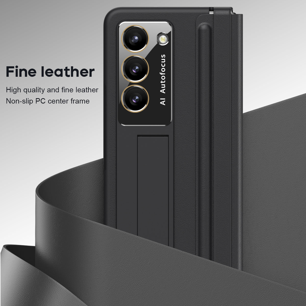 For Samsung Galaxy Z Fold6 5G Case Hinge Leather+PC Kickstand Phone Cover with Tempered Glass Film - Black